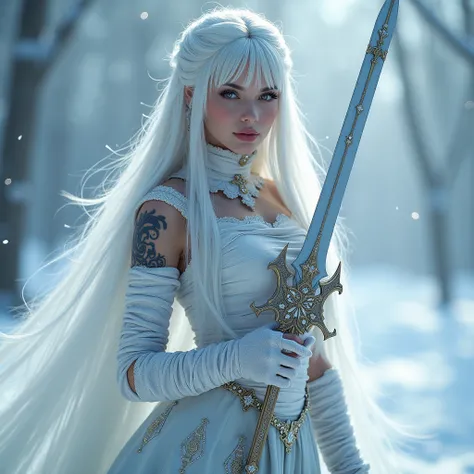 1girl, Solo, she have attractive,hot and sexy body, absurdle long hair, background Frost, fantasy world, frozen clothes, tattooed body, earring jewelries, 8k, hd, bandages covering our body, snow woman, white Aura coming from her body, chest armour, clothe...