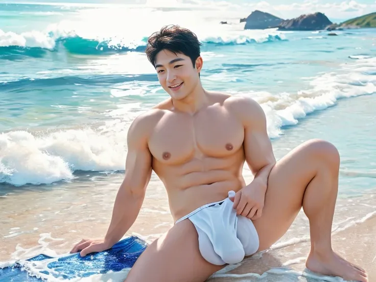 A man on a crystal clear beach under a blue sky. He is smiling and frolicking, the waves are lapping at his feet. He is wearing a white thong ((very large bulge: 1,6)), ((detailed outline of penis: 1,6)). The image quality is great, natural soft light, ver...