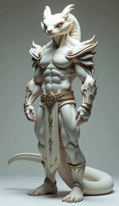 A hyper-realistic, high-quality image of an extraordinary fusion creature combining the elegance of a white cobra with the power and presence of a muscular human warrior. The being stands in a commanding pose in a minimalist gray studio setting, exuding un...