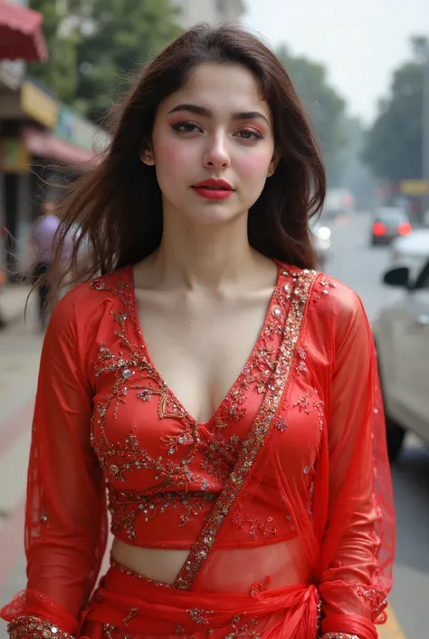 busty Pakistani (Hania Amir),(big breasts), candid photo of A Pakistani busty beauty teen with satin red Saree, , busy Pakistani street, (tiny satin blouse with cleavage), (big cleavage:1.3), her eyes are on the road, Midjourney style photo