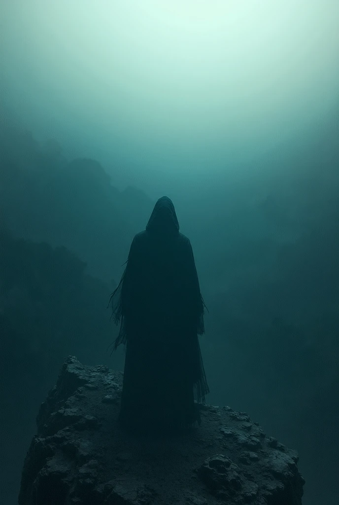 A hooded warrior entering a skeletal kingdom from a cliff