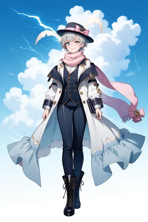 full body, femboy, fully clothed, An illustration, (masterpiece、最high quality、high quality), pure white background, Character design, Character sheet,  sleek fedora hat with a soft, fluffy brim that looks like its made of clouds. The hatband is adorned wit...