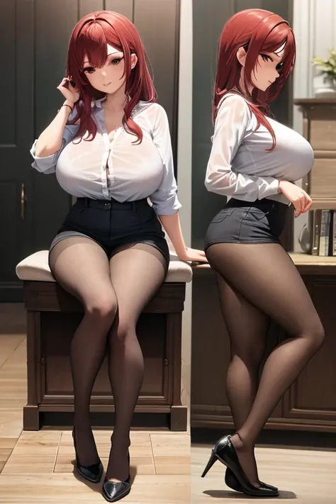  A beautiful young woman , sexy and attractive,  Big breasts ,  full body image , Fulfilled red hair,  she is on her side facing left ,  she wears a short blouse and short shorts, knee-high pantyhose,  perfect body , She runs one hand through her hair 