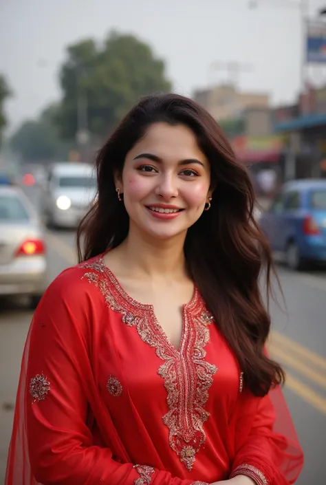 busty Pakistani (Hania Amir),(big breasts), candid photo of A Pakistani busty beauty teen with satin red Saree, , busy Pakistani street, (tiny satin blouse with cleavage), (big cleavage:1.3), her eyes are on the road, Midjourney style photo
