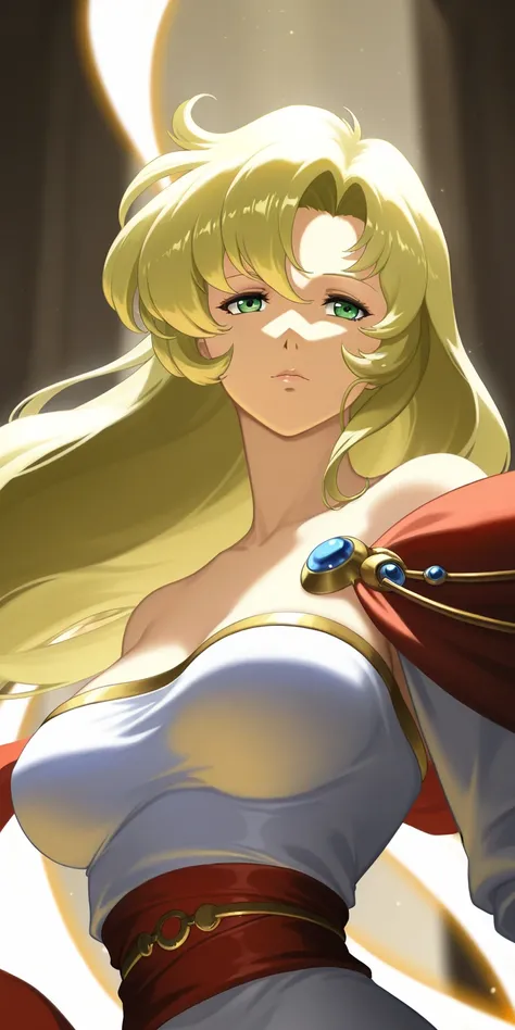 mature female,  milf, Shilinka (langrisser), langrisser mobile style, blonde hair, dress, upper body, dynamic lighting, ultra detailed, fantasy setting, highres, absurdres