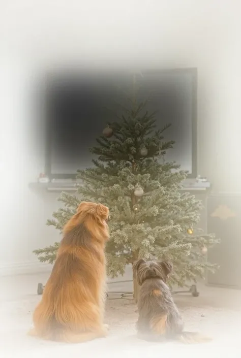 A white room with a 50-inch television in a rack on the wall ,  a Christmas tree in front of the television and in front of the tree a yellow and black Belgian Malllinois shepherd dog accompanied by a gray shitzu dog both sitting facing forward with their ...