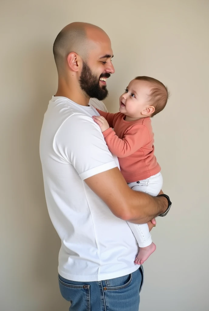  The image will show a bald man standing , wearing a white t-shirt and blue jeans ,  holding your 8-month-old baby The baby will be wearing a light red bodysuit and white pants, looking curiously at the father .  The scenario will be simple and welcoming ,...