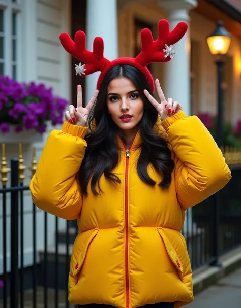 photograph, young woman, standing outside at night, cute pout face, wearing a bright yellow puffer jacket, red reindeer antlers, making peace signs with both hands, dark hair, fair skin, cute pout face, full lips, red lipstick, long eyelashes, dark eyes, l...