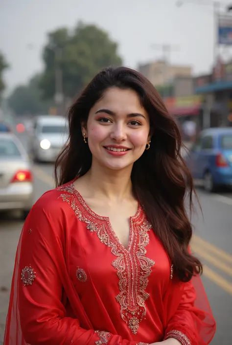 busty Pakistani (Hania Amir),(big breasts), candid photo of A Pakistani busty beauty teen with satin red Saree, , busy Pakistani street, (tiny satin blouse with cleavage), (big cleavage:1.3), her eyes are on the road, Midjourney style photo