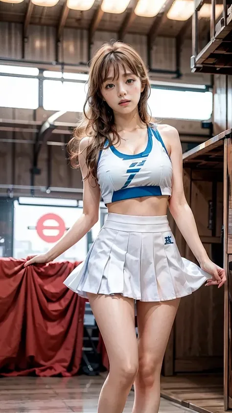 A beautiful young Japanese woman, 20 years old, with perfect anatomy, healthy thighs, beautiful feet, flawless skin, random hair color and style, large bust, (she is standing:1.2), wearing a cheerleader uniform with micro-pleated miniskirt, in a full body ...