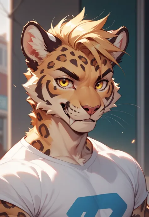 Furry guy leopard pumped up in a shirt yellow eyes
