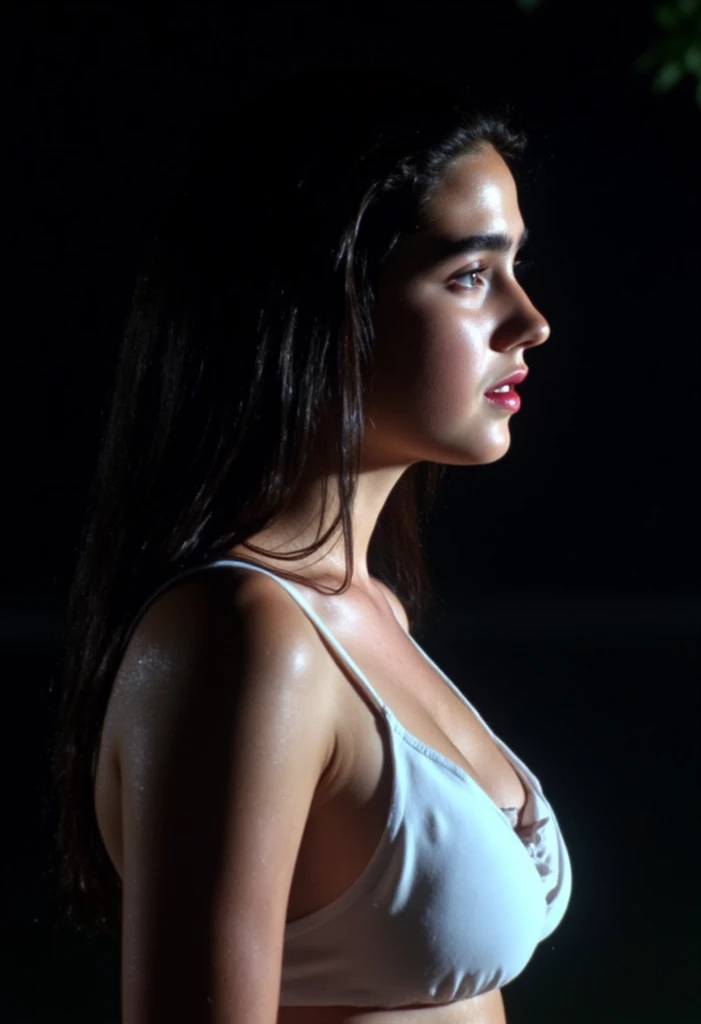 1girl, Jennifer Connelly at age 15, she is enjoying night swimming alone in a lake., her beautiful profile, she wears a white bikini., natural cleavage, at night, serene atmosphere, dramatic lighting, high contrast, vivid colors, extreme detail, (4k, 8k, h...