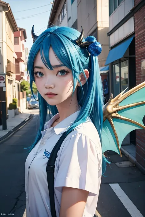 Anime girl with blue hair and horns on a street, 3D realistic anime, 2. 5 d cgi anime fantasy artwork, anime style 3d, anime style. 8k, 4k anime style, 3d style realistic anime, deviantart artstation cgscosiety, digital anime art, guweiz style art art, det...