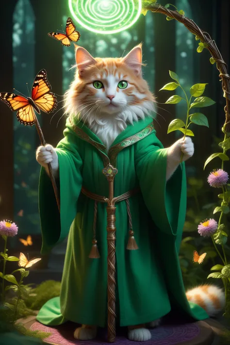 kitten,
fantasy worlds,
eloder cat mage wearing robes,Druid,
holding an vines staff,arms up,
green eyes,
Magic Circle,
flower,butterfly,
fluffy tail,
detailed surroundings,
Luminous Magic Array,
(hyper-detailed,high quality visuals,dim Lighting,ultra-reali...