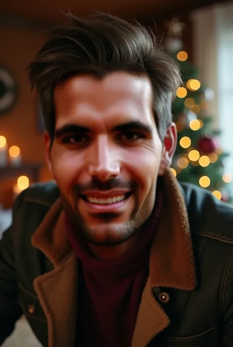  The camera focuses on me from the front. I am a man. Im at Christmas.