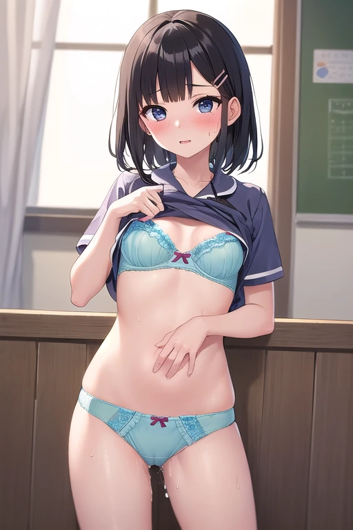 ((top quality)), ((masterpiece)), (Details),  1 girl。blunt bangs。 boyish hairstyle 。Cute hair clip。 elementary school students。winter pajamas。 small breasts。 sweaty。nsfw。clothes lift。pussy juice spills.　 bra and panties