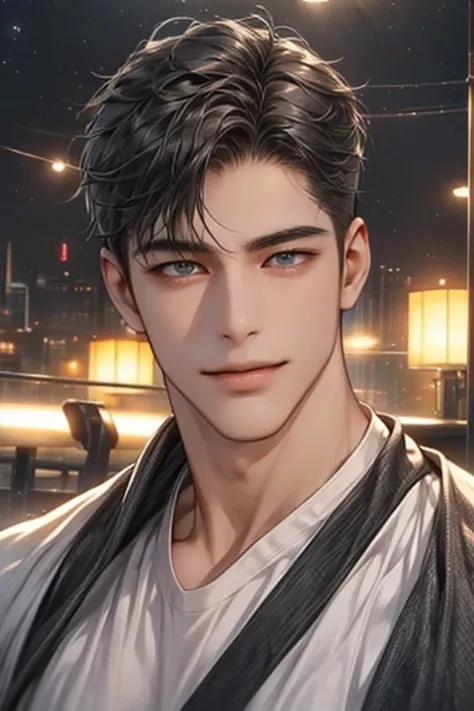 ( top quality,4K,8k, high resolution,masterpiece:1.2), super detailed,( realistic,photo realistic,photo- realistic:1.37), 1 man ,31 years old, mature man,  very handsome  ,표현 없이,smile, short gray black hair without expression,black eye, penetrating gaze  ,...