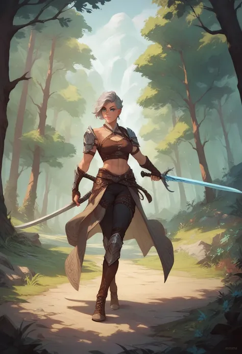 A woman , wearing an adventurer costume , gray hair, hermosa, joven,  blue eyes, sports body, with a fencing sword , electric magic in the other hand, Full body , walked in a forest