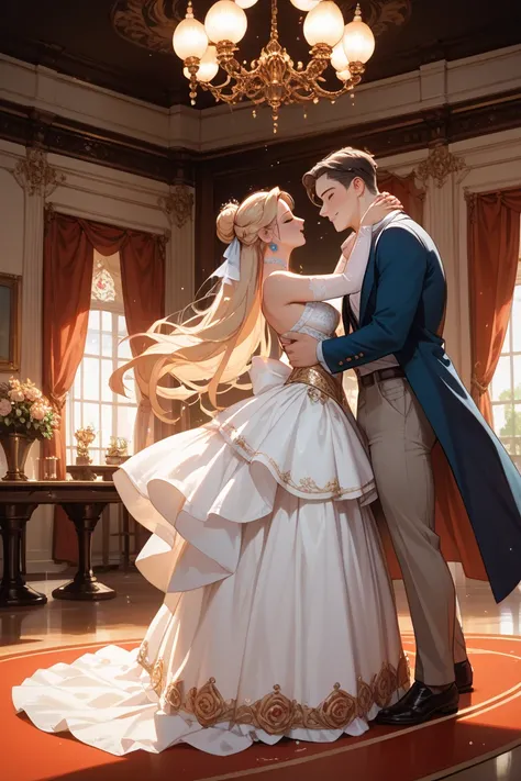 A couple. The king and his queen dancing at a ballroom. They wear a royal attire. The king is taller than the queen.