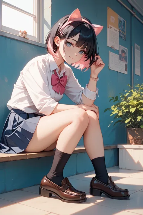 masterpiece, best quality, amazing quality, highres, nsfw, 1girl, black hair, {{{black hair:pink hair:0.3}}}, short hair, cat ears hairband, school uniform, loafers, 