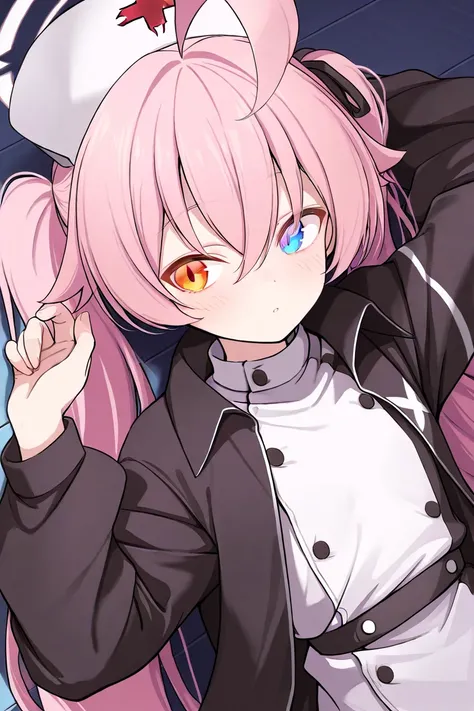 (high quality, ultra-detailed), Blue Archive, Hoshino Takanashi, pink hair, heterochromia of blue (right) and orange (left) eyes, Nurse costume Black color 