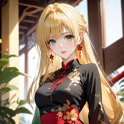 (( top quality )), ((masterpiece)), ( Details), （ perfect face）、Blonde and green-eyed Tiayu Lunatique is wearing gorgeous and beautiful Vietnamese Ao Dai