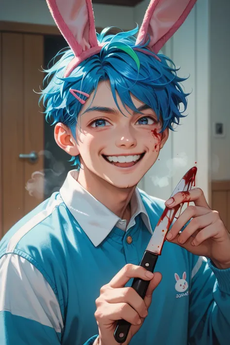 Cute anime guy with short blue hair and bunny ears. Steam room Kawaii Harajuku,  colorful accessories and cute hair clips . He holds a knife in his hand ,  outfit and on his face a crazy smile .  Hes covered in blood . 