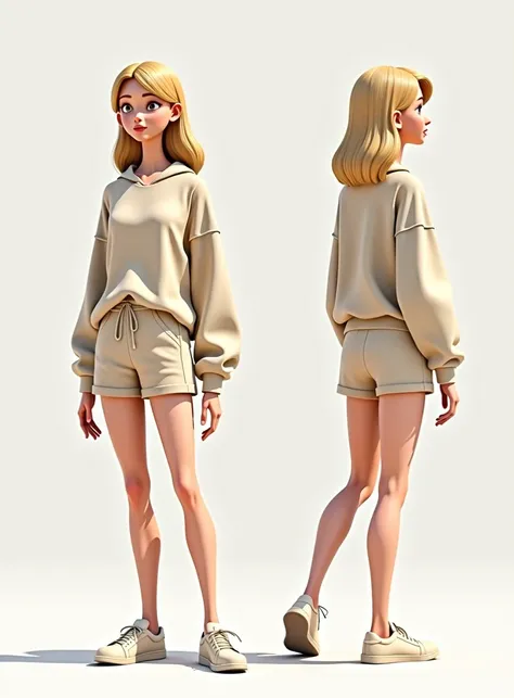 Create an animated character of a teenage girl in various poses, with beige sportswear. The animated character has to be realistic and elegant , maintaining the artistic style of Pixars 3d drawing. The character must have exaggerated human proportions with...