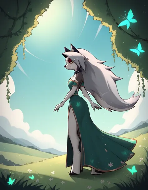 Loona, the captivating hellhound from "Helluva Boss," in a long, flowing dress in shades of light green and turquoise, adorned with embroidered flowers that seem to glow magically. She walks through a meadow filled with tall grass and luminous flowers in e...