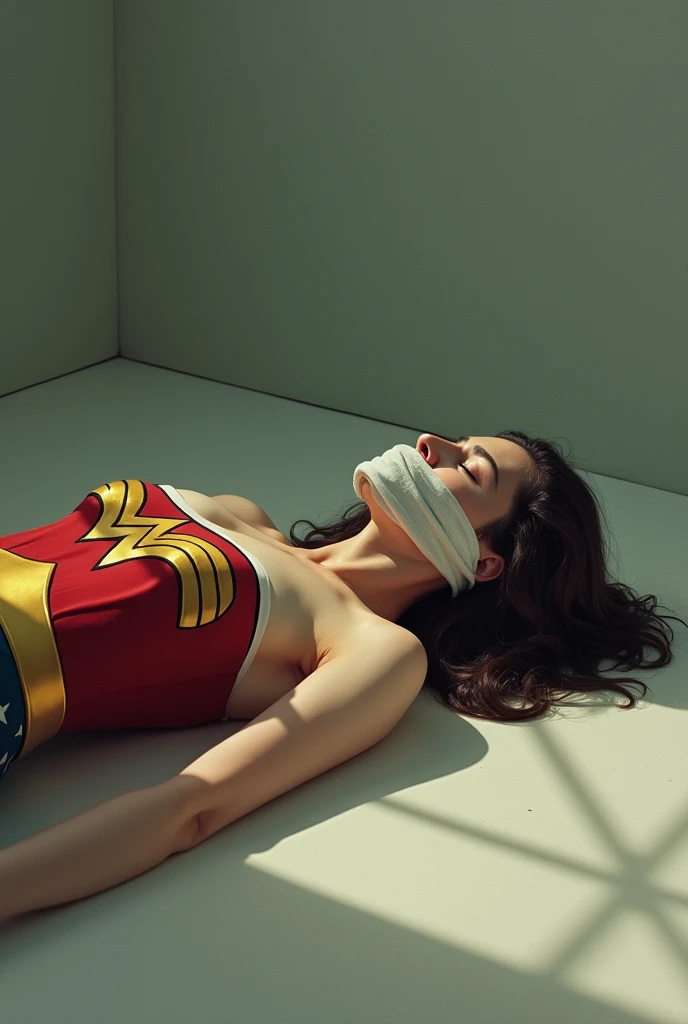  Linda Carters Wonder Woman   .   Lie on the floor in one  .  Shes sleeping .  He is lying on his side .   with eyes closed. Blocked.    his mouth is covered by a cloth. completely asleep  