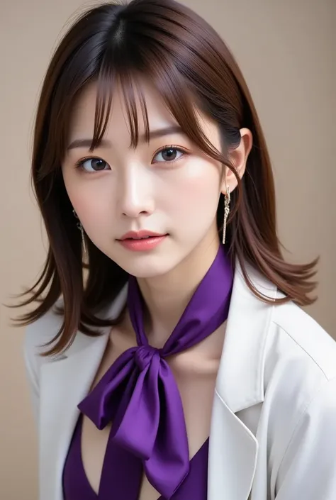  1 beautiful woman,   high heels、Chin-length brown hair 、26 years old、White shirt、 purple long skirt、Height: 155cm、Bust 89cm、Waist 58cm、Hips 88cm  、Shiny whitening 、 announcer、 is wearing high heels、round face、 Big Breasts 