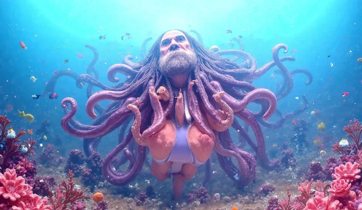 monster octopus have 6 tentacles but the body and head is an old man with beard and muscular body. The tentacles are rolling around a beautiful young woman body with long black hair, wearing sexy pink under wear. They are underwater, surrounded by vibrant ...