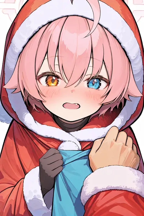 (high quality, ultra-detailed), Blue Archive, Hoshino Takanashi, pink hair, heterochromia of blue (right) and orange (left) eyes, santa Claus costume,  Looking at viewer, Blush, Bangs, Simple background, Fang, Impressionism, 