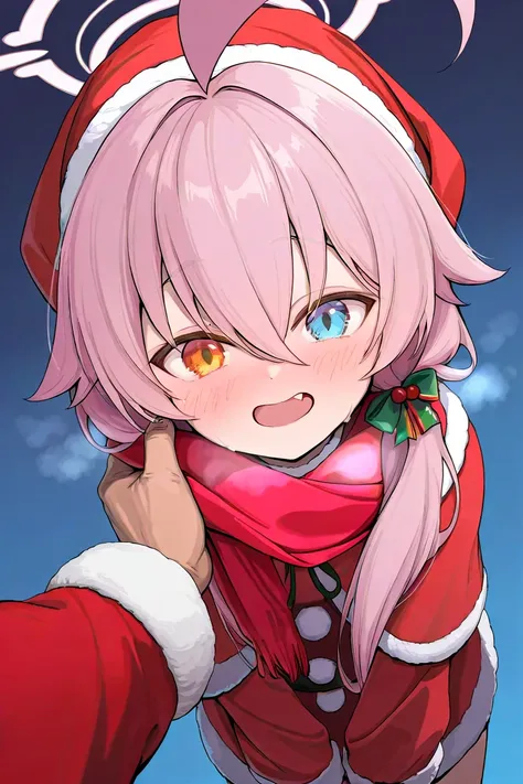 (high quality, ultra-detailed), Blue Archive, Hoshino Takanashi, pink hair, heterochromia of blue (right) and orange (left) eyes, santa Claus costume,  Looking at viewer, Blush, Bangs, Simple background, Fang, Hair Scarf, 