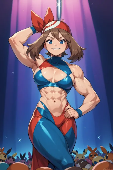 score_9, score_8_up, score_7_up, score_6_up, BREAK, pokemonmay, solo, blue eyes, brown hair, medium hair, 
(stripper outfit: 1.2),
torso, smug smile, (gigantic boobs: 1.4), toned, muscles, hourglass body, 
