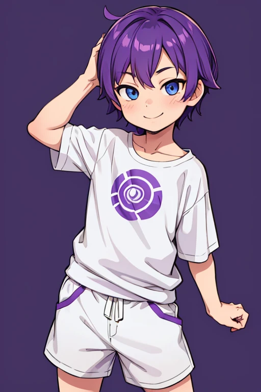 Little shota boy, cute face, purple hairstyle, detailed body, plain clothes, blue eyes, smile, modern art, nice background, high quality 