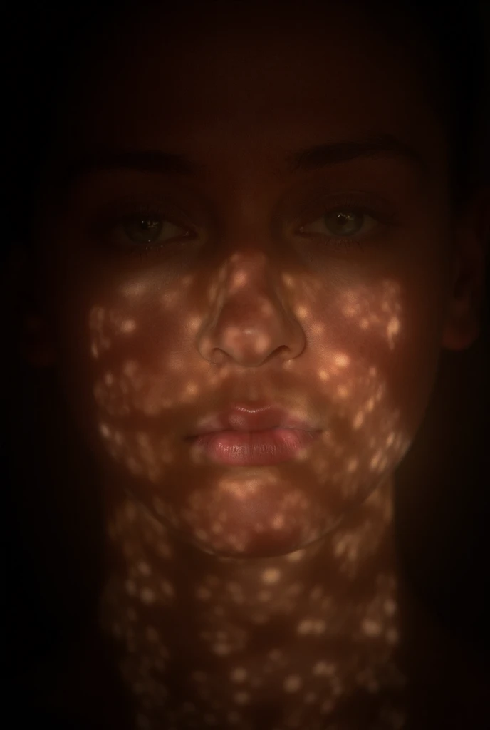 A photo of a (face bathed in patterned light:1.3), (speckled shadows:1.2), (captivating gaze:1.1), (contrast of light and texture:1.2), artistic interplay, (sharp luminous streaks:1.1), (detailed iris:1.1), Sony α7R IV, 1/320s, f/2.8, ISO 400, (enigmatic e...