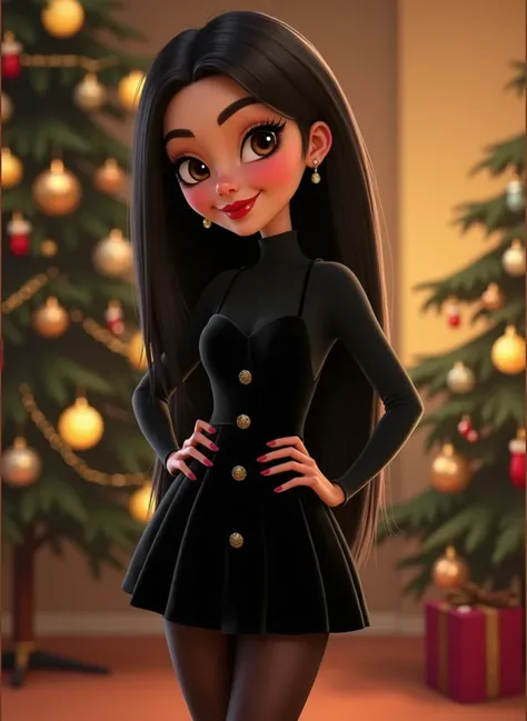 Woman 30 years, long straight black hair, wearing black long sleeve turtleneck with black sleeveless velvet gold buttoned down short puff skirt dress on top with black pantyhose and high pump black heels. Red lipstick. Next to Christmas tree.


Pixar Carto...