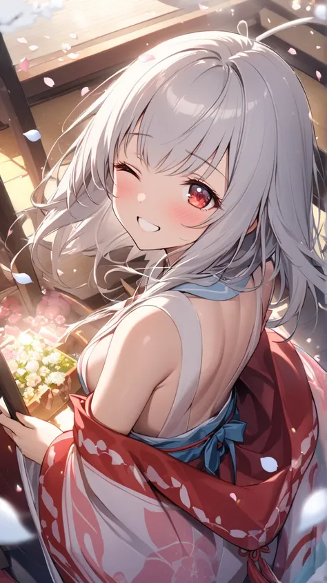 ( top quality, ),  beautiful women (Red eyes), elements. well-groomed face 、 Shy Expression 、 Silver Hair、 red eyes、smile(one eye closed、Looking up)、                   Ultra Fine             ,  A Girl in a Glittering Shrine Maiden、 Surrounded by beautiful ...