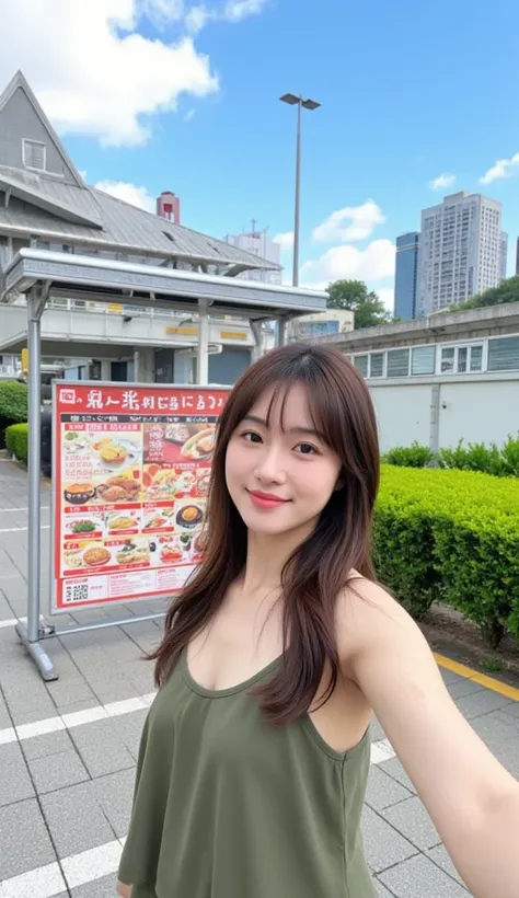 smile,A young japanese woman with long brown hair wearing a sleeveless top in a color different from green stands outdoors in an urban setting. She is positioned in front of a modern architectural structure, possibly a train station or a large building wit...