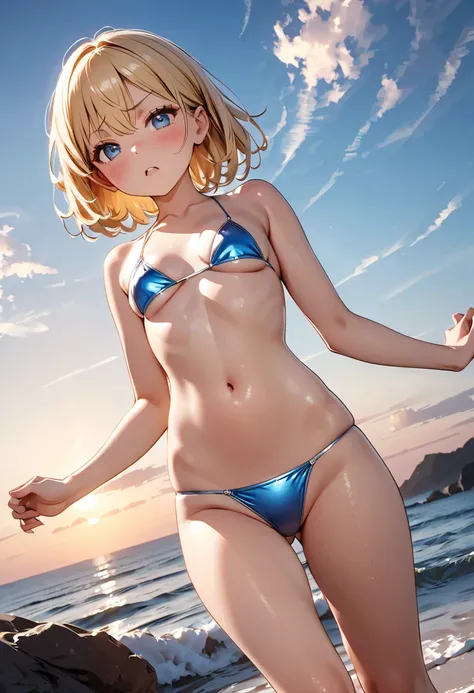 A petite, slender girl is wearing a blue metallic micro bikini、(( frowns、  open your mouth、 blush))、 low angle,  cowboy shot ,  very detailed、8k、 Photorealistic 、 hyperrealistic 、 chiaroscuro lighting 、 dramatic shadow 、 elegant 、Grace、enchanting、Enchantin...