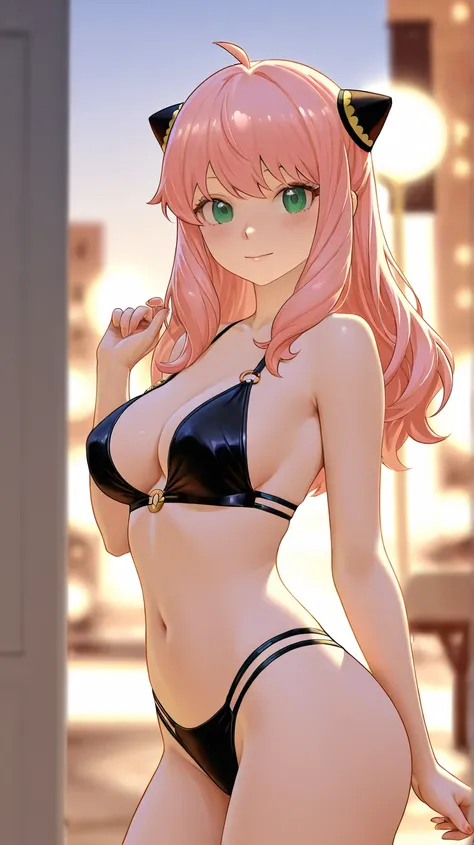 Search photos of ANYA FORGER, she is a character of the anime SPY X FAMILY, reimagine her as a grown up and recreate her as a luxury Swimsuit model, set the scenario in LAS VEGAS STRIP at midnight. she have an hourglass figure. Hyperrealistic, 8k resolutio...