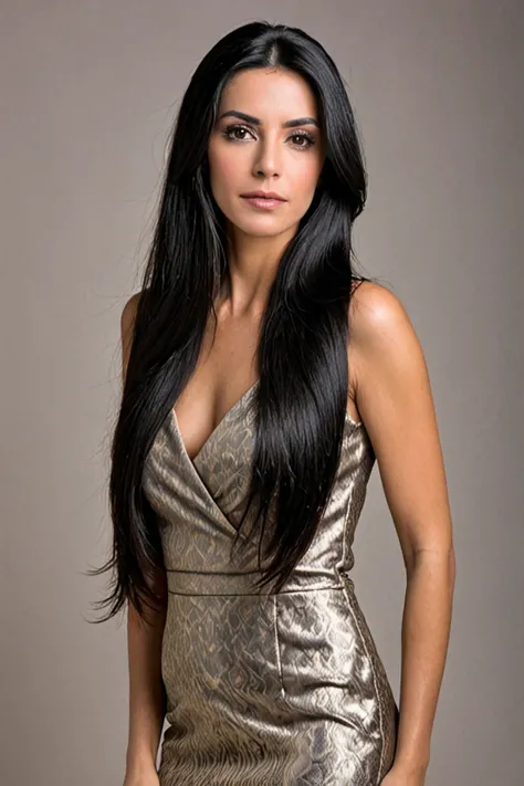 Professional and emotional photograph of a beautiful Spanish woman with long, straight and black hair,  professional makeup  