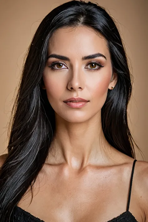 Professional and emotional photograph of a beautiful Spanish woman with long, straight and black hair,  professional makeup  