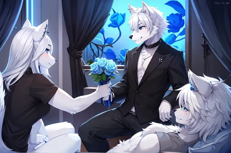 male furry (wolf), white, long white hair, handing a blue rose, female furry (cat), gray, short black hair, wearing piercing, sfw
