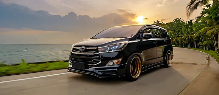 realistic, detailed, high angle shot, a photo of rbntrd car, innova reborn trd driving down on the road side of beach shore, widebody sports car, wide tires, black alloy sport wheels, majestic cloud, exotic island, sea blurred in the background include pal...