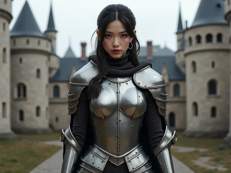  high resolution.  accurate hands .  realistic face . Navel piercing, sexy silver, European armor .  thigh band stockings .  deep black panties . Black Chalk, Long Sword, From Head to Body . European medieval castle background. Arrogant expression .  beaut...