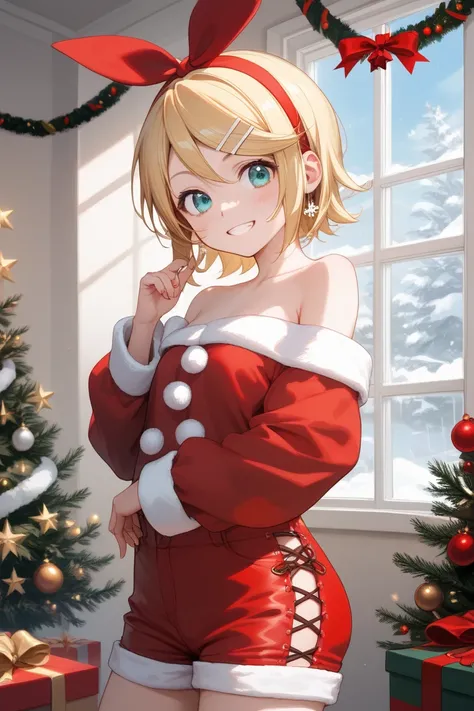 kagamine rin(vocaloid)
masterpiece, beautiful, a girl, delightful, cheerful grin, standing, looking at viewer, short hair, blonde, aqua eyes, big eyes, petite, slim, (simple red christmas costume, fake fur, Off-Shoulder, Booty shorts), hair ribbon, inside,...