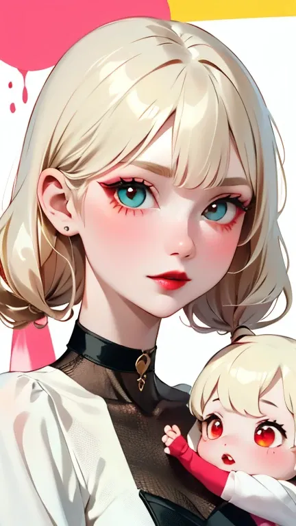 Long Shot、One Girl:1.5、Cute baby face、１４Year、Perfect Anatomy、Red eyeshadow、Red lipstick、Slightly pink cheeks、White skin、Ash Blonde、Black Dress、eight-headed body、small 、Unique hairstyles、choker、highest quality、Very detailed、High quality details、Portraiture、...