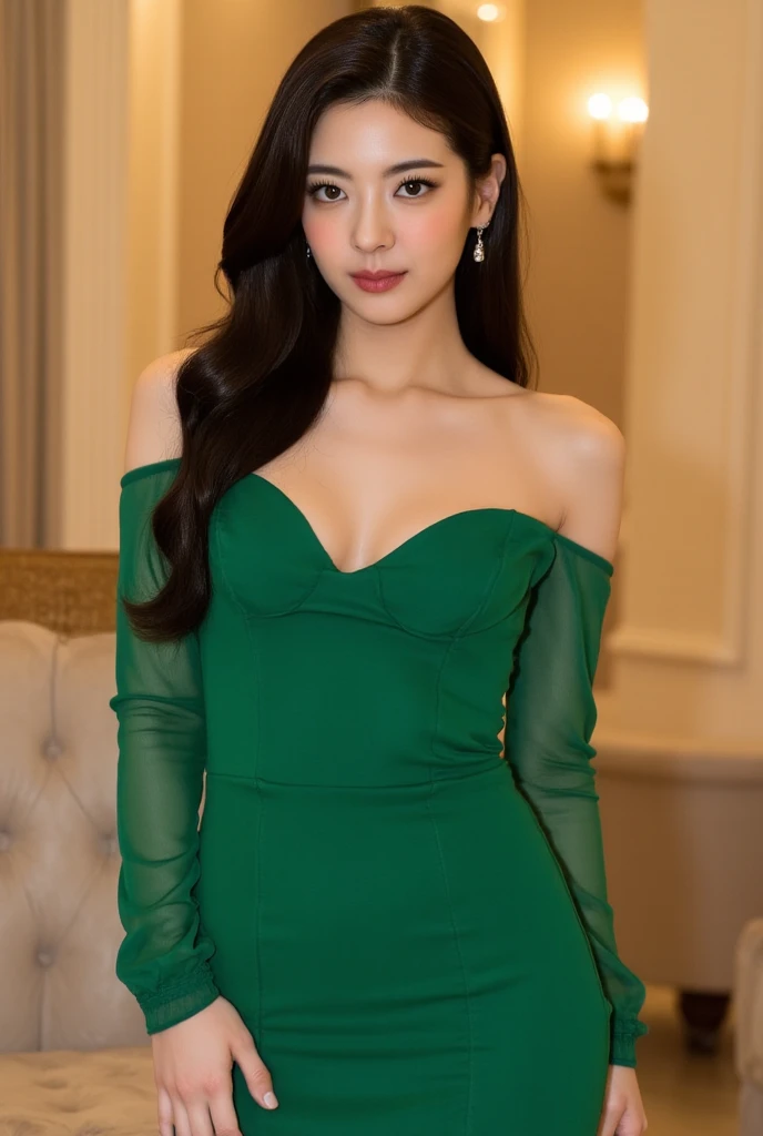 Young woman, light-brown to medium complexion, in a vibrant emerald green, off-the-shoulder, midi-length,  bodycon dress.  long dark brown hair cascading around her shoulders.  The woman standing with sexy pose and with a natural serene expression and look...